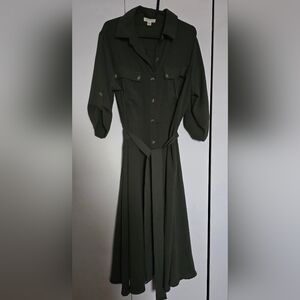 Button-Front Midi Shirt Dress with Waist Tie in Olive Green